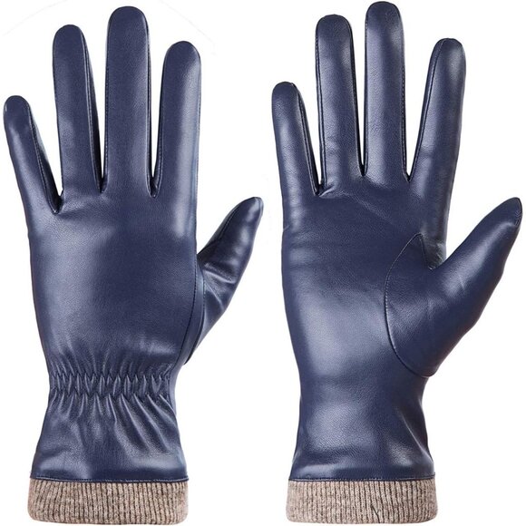 Women's Navy Winter Leather Gloves Wool Fleece Lined Thermal Touchscreen - Picture 2 of 5